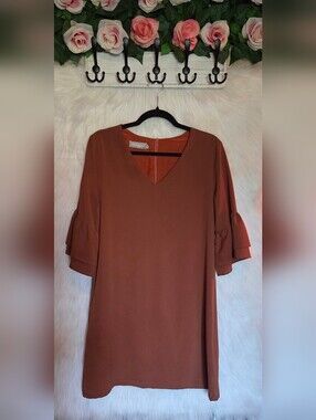 Belongsci Classic Rust Brown Ruffle Sleeve V-Neck Shift Dress